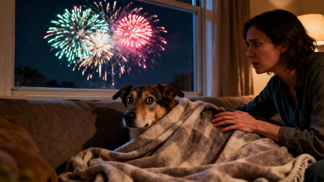 Bange hond ligt onder een deken tijdens vuurwerk