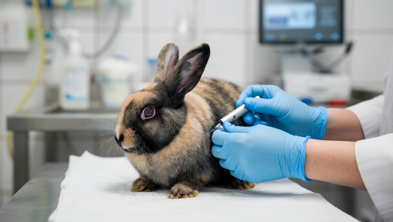 Konijn wordt door een dierenarts behandeld op de behandeltafel