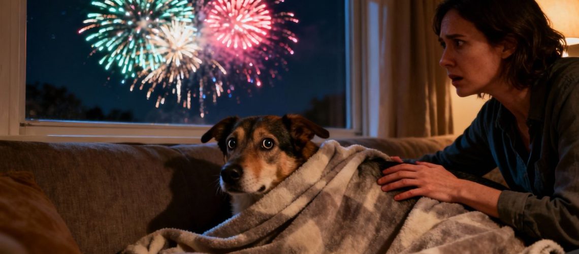 Bange hond ligt onder een deken tijdens vuurwerk